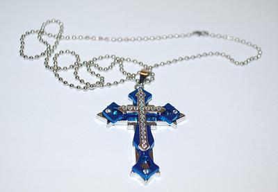 Blue & Silver Colored LAYERED Bejeweled CROSS (2" x ½") PENDANT / NECKLACE Combo with Silver Tone Ball Necklace Chain...