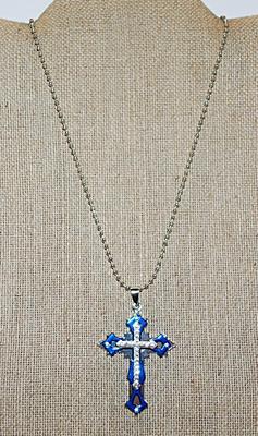 Blue & Silver Colored LAYERED Bejeweled CROSS (2" x ½") PENDANT / NECKLACE Combo with Silver Tone Ball Necklace Chain...