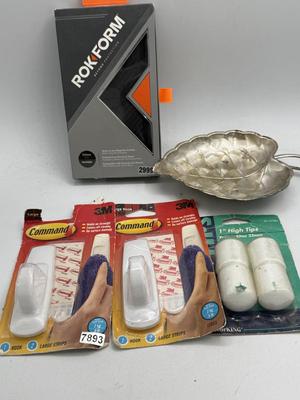 Silver dish, came tips and command hooks