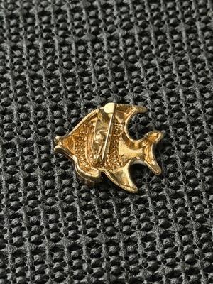 gold-toned and enamel fish brooch pin with rhinestone accents.