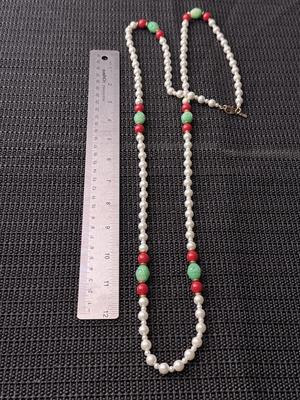 Kenneth lane vintage pearl red and green accent long necklace