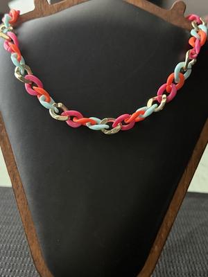 bright colorful and gold tone chain link necklace.