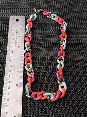 bright colorful and gold tone chain link necklace.