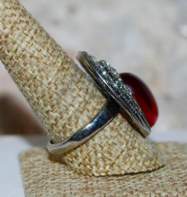 Size 10 Large Bright Red Party RING with Oval Clear Glass Stone and Bejeweled Layered Surrounds on a Silver Tone Setting (11.2g)