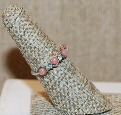 Size 7¼ Pink Globes & Clear Stones Accents Ring on Half Silver Tone Band (1.9g)