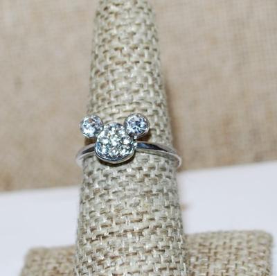 Size 7 "Mickey Mouse" RING with Clear Stones on a Silver Tone Band (2.8g)