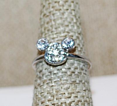Size 7 "Mickey Mouse" RING with Clear Stones on a Silver Tone Band (2.8g)