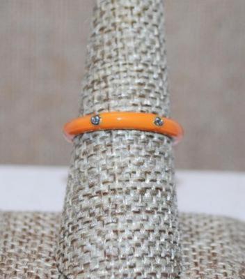 Size 8 Delicate ORANGE Enamel Ring with 6 Rhinestones Around the Band (2.4g) - STACK ALL COLORS for a REAL IMPACT