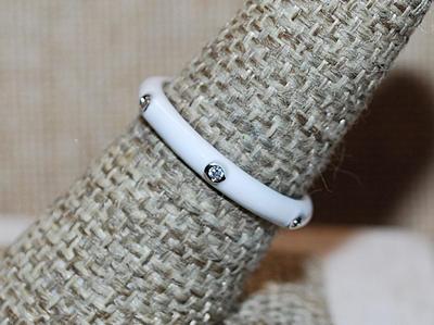 Size 6 Delicate WHITE Enamel Ring with 6 Accent Clear Stones on a Silver Tone Band (2.0g) - STACK ALL COLORS for a REAL IMPACT