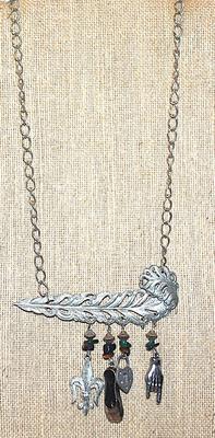 Silver Tone METAL FEATHER NECKLACE with 4 Assorted Charms and Beads on a Silve Tone Chain & Circle Clasp 17" L