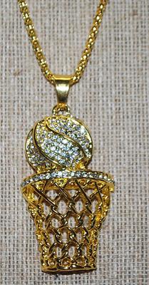 Fun BEJEWELED BASKETBALL & HOOP PENDANT / NECKLACE with Gold Tone "Snake Scales" Necklace Chain and Lobster Clasp 22" L