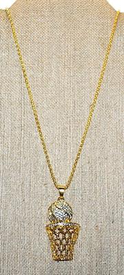 Fun BEJEWELED BASKETBALL & HOOP PENDANT / NECKLACE with Gold Tone "Snake Scales" Necklace Chain and Lobster Clasp 22" L