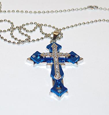 Blue & Silver Colored LAYERED Bejeweled CROSS (2" x ½") PENDANT / NECKLACE Combo with Silver Tone Ball Necklace Chain...