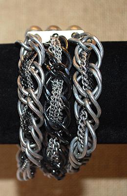 Multiple Strands Heavy Elastic "PEARLS & CHAINS BRACELET (-2½"+ Opening) with Gray & White Faux Pearls and Assortment...