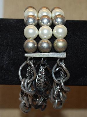 Multiple Strands Heavy Elastic "PEARLS & CHAINS BRACELET (-2½"+ Opening) with Gray & White Faux Pearls and Assortment...
