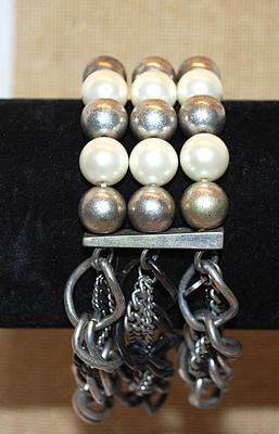 Multiple Strands Heavy Elastic "PEARLS & CHAINS BRACELET (-2½"+ Opening) with Gray & White Faux Pearls and Assortment...