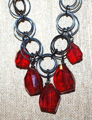 Black Rings NECKLACE with 5 Chunky Bright RED Beads and Lobster Clasp 20" L