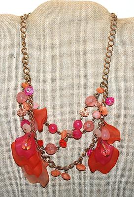Very RED "Chips & Beads" NECKLACE with Double Strand Brass-Tone Necklace Chain and Lobster Clasp 17" L
