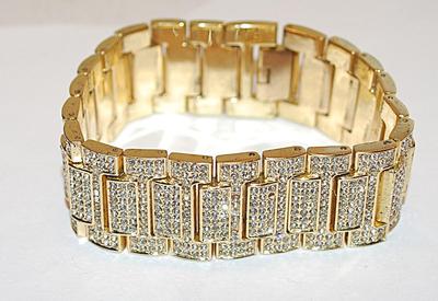 Beautiful Gold Tone JEWEL STUDDED BRACELET (2¼" Opening) with Half Infinity Clear Stone Segments & Overlapping Closure