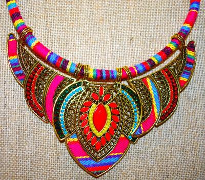 Gorgeous Colorful Tribal Style Necklace Size: 12" Neck Size & 3 Moveable Metal Accents 7" Across