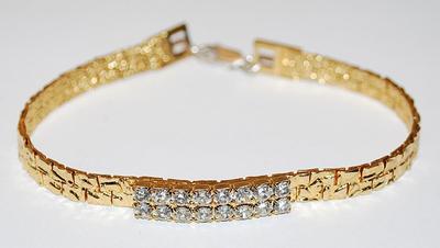 Beautiful Gold Colored BRACELET (2¼" Opening) with 2 Rows of 16 Clear Round Stones and Lobster Clasp