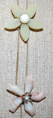 Beautiful MARBLE-Style CARVED FLOWERS NECKLACE With 3 Bejeweled Petal Flowers on a Gold Tone Chain and Lobster Clasp 36" L