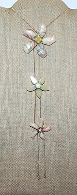Beautiful MARBLE-Style CARVED FLOWERS NECKLACE With 3 Bejeweled Petal Flowers on a Gold Tone Chain and Lobster Clasp 36" L