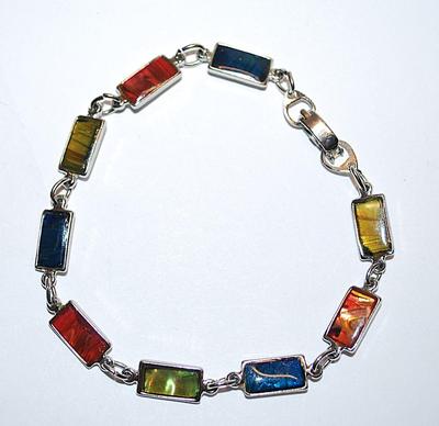 Beautiful Multicolor Acrylic RECTANGLE PANELS BRACELET (2¼" Opening) with Silver Tone Links and SNAP Clasp
