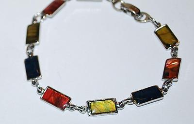 Beautiful Multicolor Acrylic RECTANGLE PANELS BRACELET (2¼" Opening) with Silver Tone Links and SNAP Clasp