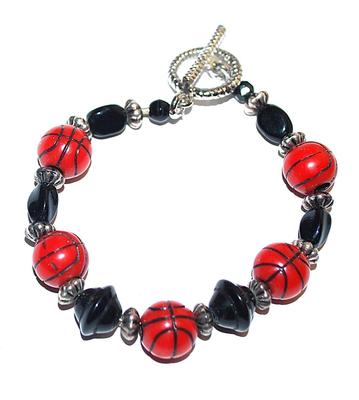 BASKETBALL Themed BRACELET (2¼" Opening) with Black & Silver Tone Accent Beads and Toggle Clasp