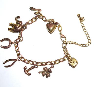 Brass-Tone CHARM BRACELET (2¾" + Opening) with Wishbone, Horseshoe, Heart, Dice, Elephant, Anchor, Clover Leaf + #7 and Lobster Clasp