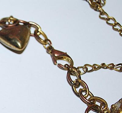 Brass-Tone CHARM BRACELET (2¾" + Opening) with Wishbone, Horseshoe, Heart, Dice, Elephant, Anchor, Clover Leaf + #7 and Lobster Clasp