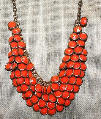 Rows & Rows of DOUBLE-SIDED ORANGE DISKS NECKLACE with Gold Tone Perimeters, Chain and Lobster Clasp 15" L