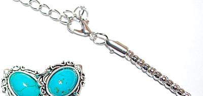 Shiny Blue "Cracked " OVAL JADE-STYLE Combo PENDANT/ NECKLACE (24" L) & BRACELET (Toggle) & EARRINGS JEWELRY SET...