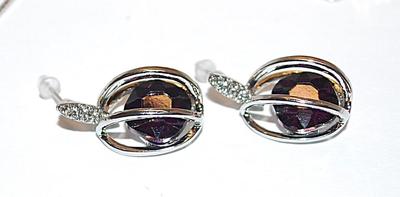 Large "Caged" Deep PURPLE Square Stone Combo PENDANT/NECKLACE (18" L) & EARRINGS JEWELRY SET with Bejeweled Silver...
