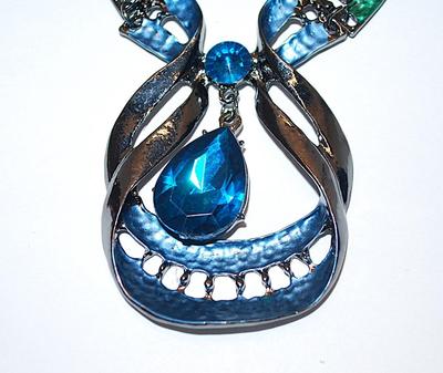 Enameled & Segmented Combo PENDANT / NECKLACE (4" Across + 20" L) & EARRINGS JEWELRY SET with Blue and Green Segments,...