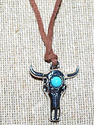 "Crackled" Round Jade Style Stone CATTLE SKULL PENDANT / NECKLACE with Leather-Style Rope Attachment