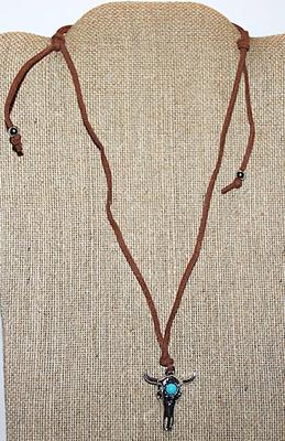 "Crackled" Round Jade Style Stone CATTLE SKULL PENDANT / NECKLACE with Leather-Style Rope Attachment