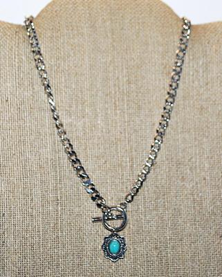 Oval "Crackled" Jade Style Stone PENDANT / NECKLACE with Silver Tone Surround, Flat Links and Large Toggle Clasp 15" L