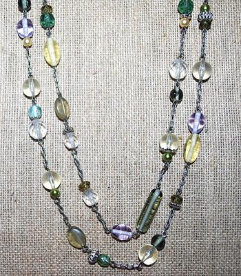 Long WRAP-AROUND NECKLACE with Purple, Green Yellow and Gray Beads in Assorted Shapes and a Lobster Clasp 54" L
