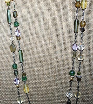 Long WRAP-AROUND NECKLACE with Purple, Green Yellow and Gray Beads in Assorted Shapes and a Lobster Clasp 54" L
