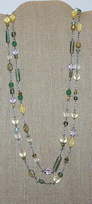 Long WRAP-AROUND NECKLACE with Purple, Green Yellow and Gray Beads in Assorted Shapes and a Lobster Clasp 54" L