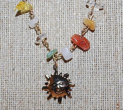 Gold Tone "SUNFACE" NECKLACE with Irregular Shaped Multicolor Beads and Gold Tone Chain & Lobster Clasp 18" L