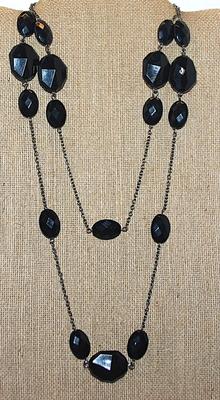 WRAP-AROUND Flattened Beveled BLACK BEADS NECKLACE with Silver Tone Necklace Chain 40" L