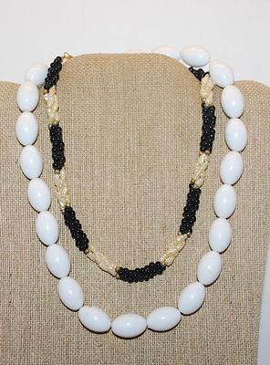 Collection of 2 NECKLACES - White Oval Beads 18" L + Black and White Beads 14" L with Circle Clasp and Barrel Clasp