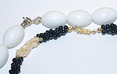 Collection of 2 NECKLACES - White Oval Beads 18" L + Black and White Beads 14" L with Circle Clasp and Barrel Clasp