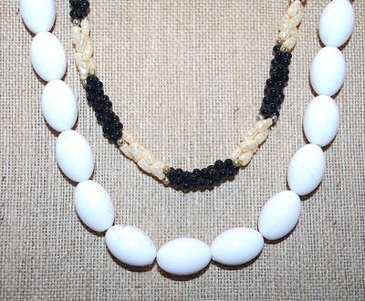 Collection of 2 NECKLACES - White Oval Beads 18" L + Black and White Beads 14" L with Circle Clasp and Barrel Clasp