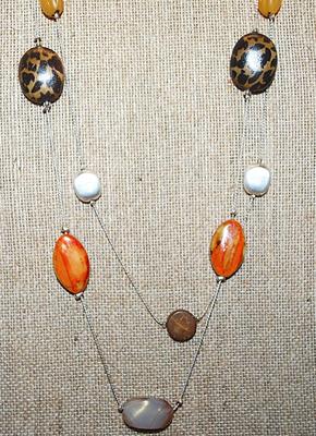 Marked "NY" - WRAP-AROUND Double Strand Silver Tone NECKLACE with Orange, Amber, Silver, Brown & Tiger Beads and Lobster...