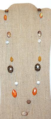 Marked "NY" - WRAP-AROUND Double Strand Silver Tone NECKLACE with Orange, Amber, Silver, Brown & Tiger Beads and Lobster...
