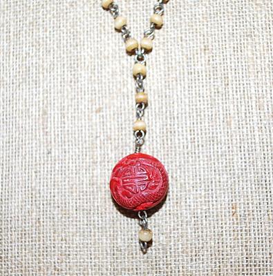 Carmel Colored Beads NECKLACE with Acrylic Red Pod Pendant on a Silver Tone Necklace Chain and Circle Clasp 20" L